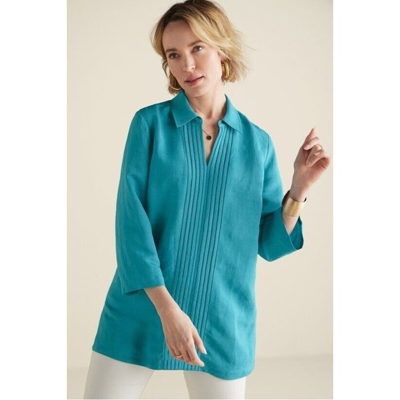 Soft Surroundings Women Linen Tunic Top Size XL 3/4 Sleeve‎ Vacation Beachy - Picture 2 of 13